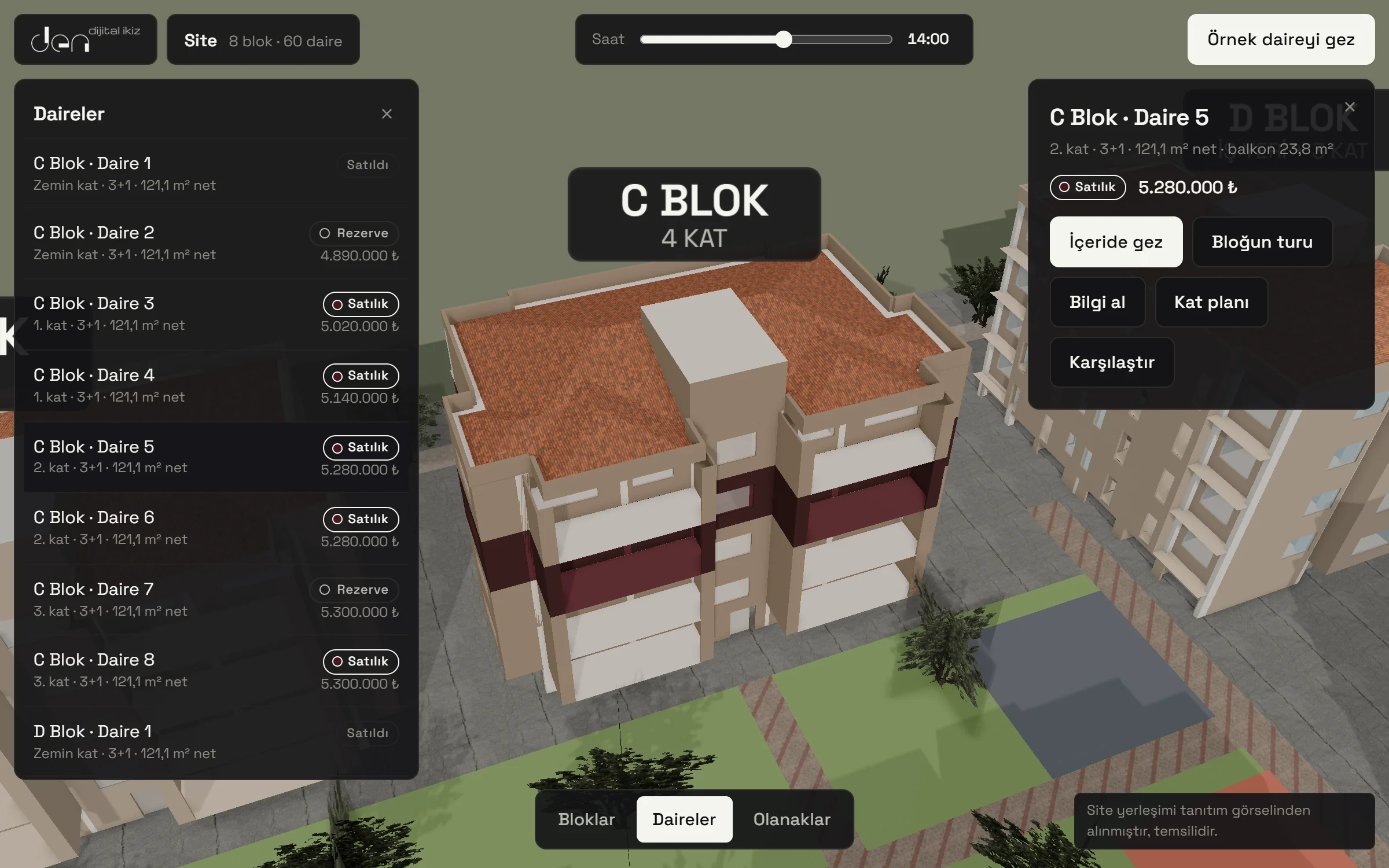 The units list is open; the selected unit's floor is highlighted in burgundy on the 3D block, and the card shows status, price and Walk inside, Floor plan, Compare buttons.