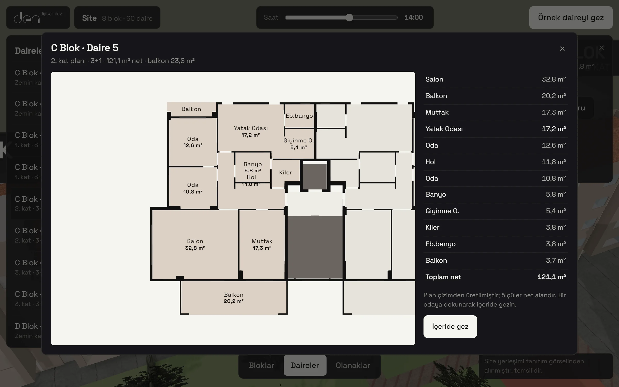A unit's floor plan with room names and net areas; alongside, a table of living room, balcony, kitchen, bedroom and total net area.