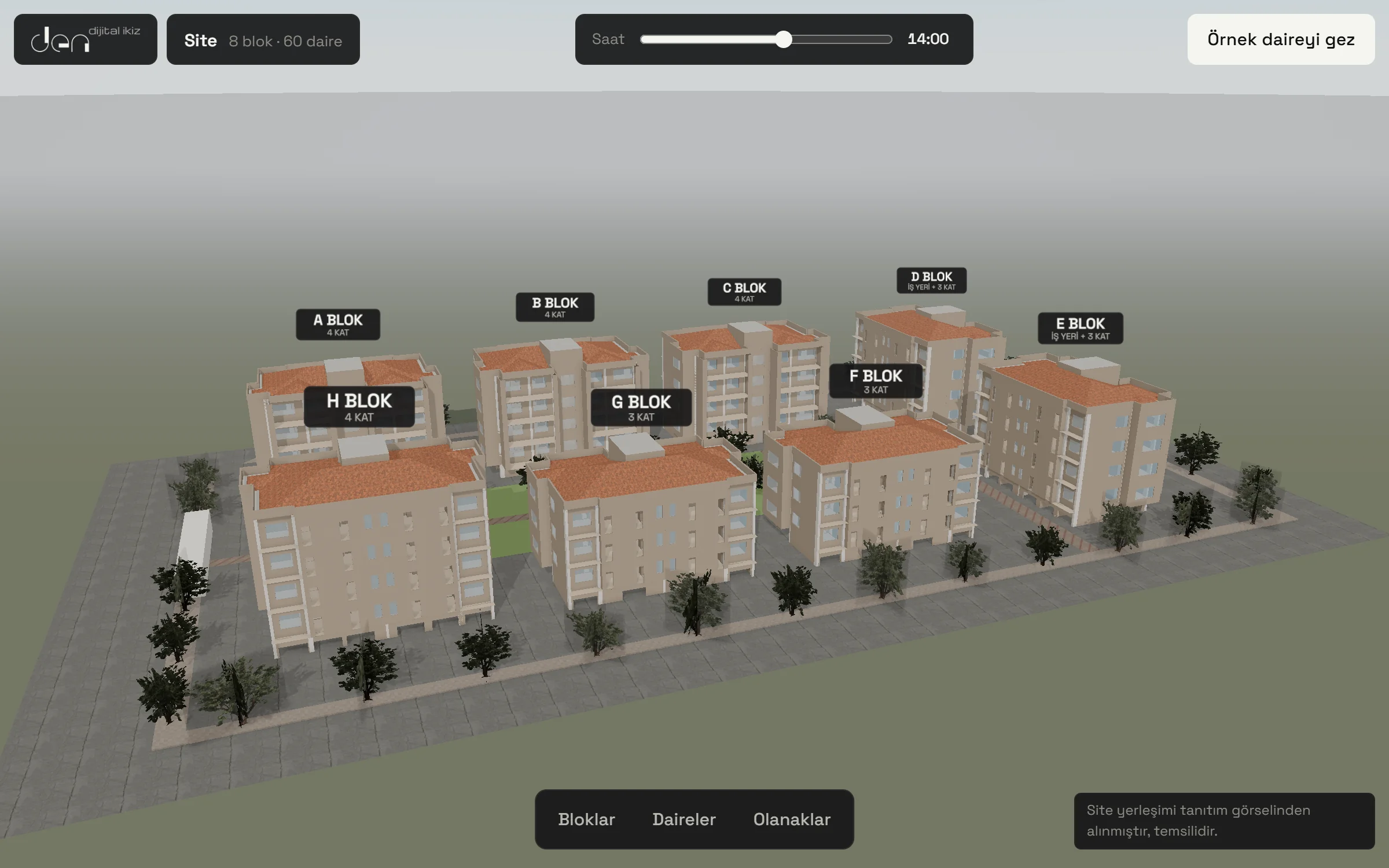 den Digital Twin virtual sales office: a 3D view of an eight-block site with block labels, a time-of-day slider and the Blocks, Units, Amenities menu.