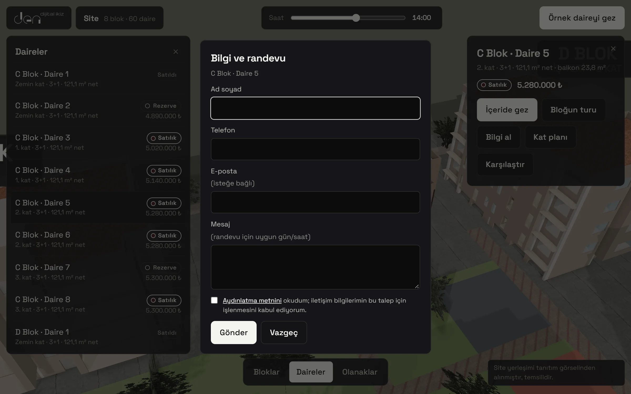 Information and appointment form: name, phone, email and message fields, and a privacy notice consent checkbox.